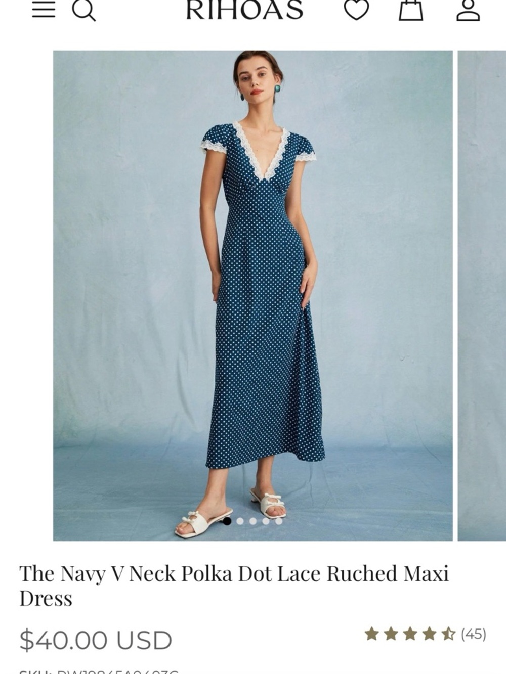 RIHOAS Navy Polka Dot V-Neck Lace Trim Maxi Dress
